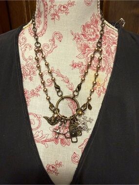Lenny & Eva Antique Bronze Multi-Charm Necklace with Pink Pearl Accents
